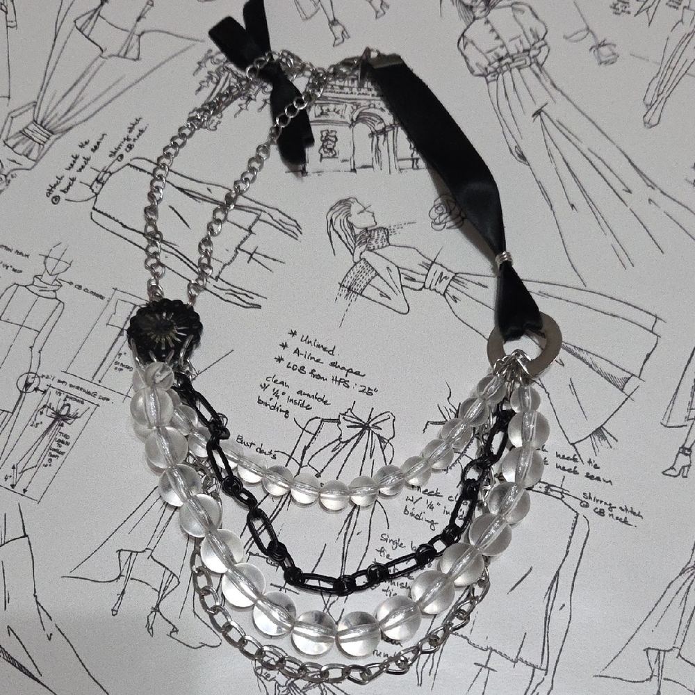 Source Unknown Black and Silver Layered Necklace